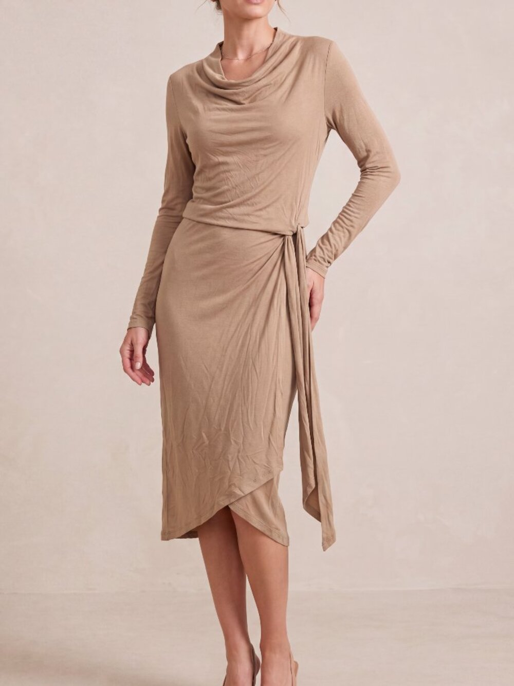 Ted Baker London Brown Camel Cowl Neck Side Knot Midi Dress Size 3 US 8